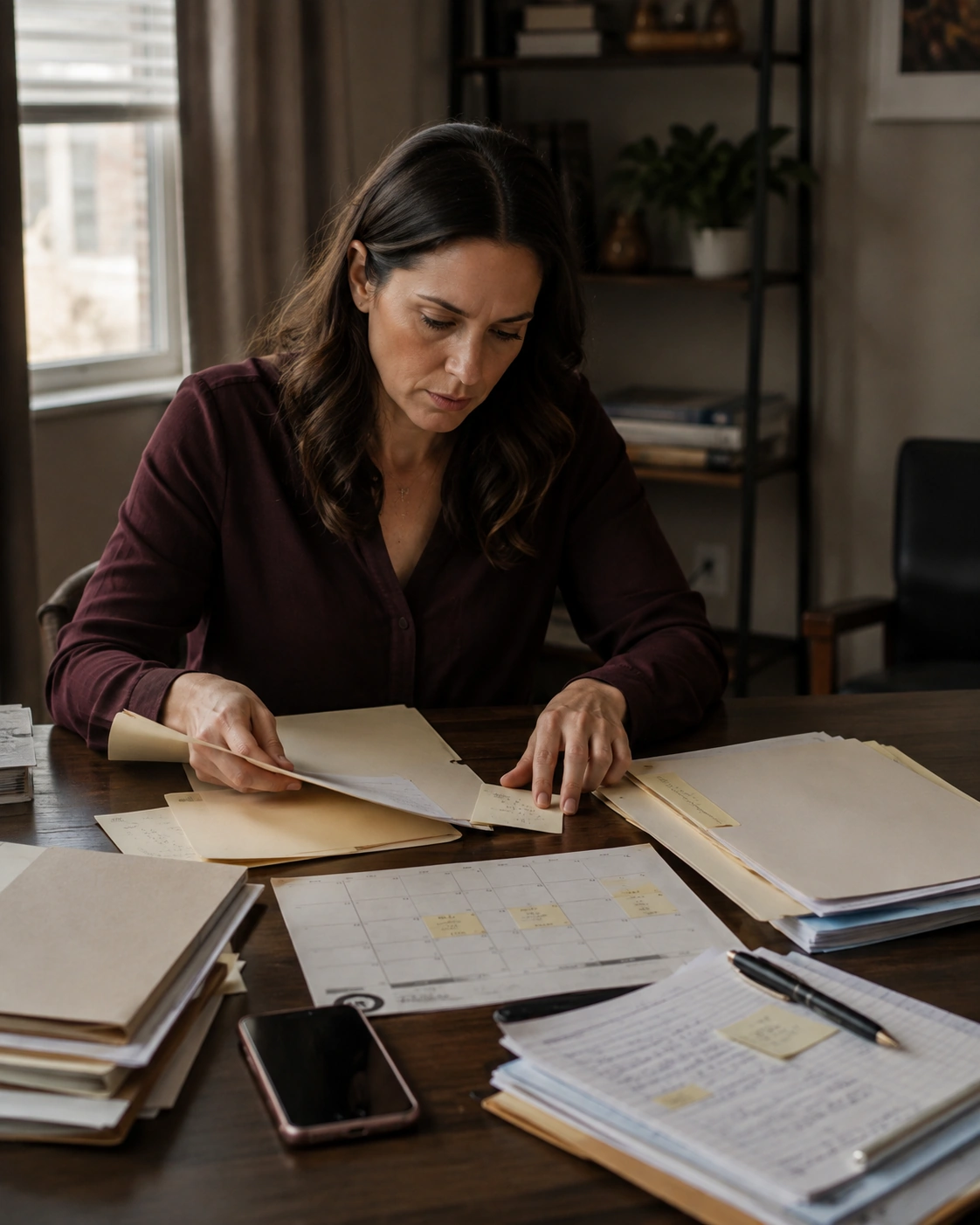 Worker organizing folders, a calendar, notes, and other records into a chronology.