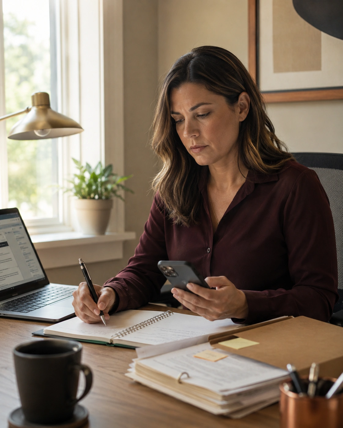Worker managing a phone, laptop, notebook, and employment records during an administrative charge.