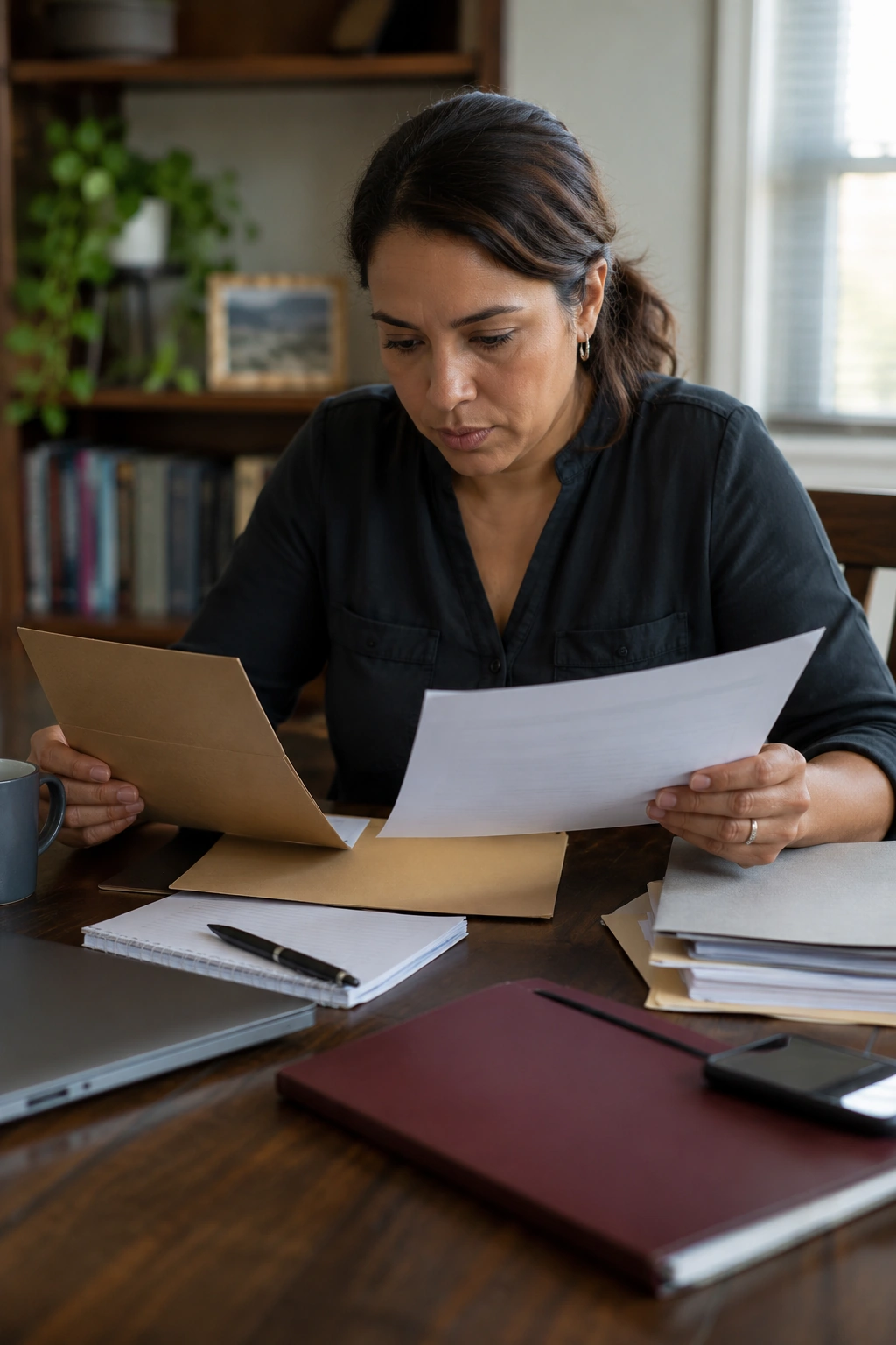 Worker reviewing an envelope and employment records at a home workspace.