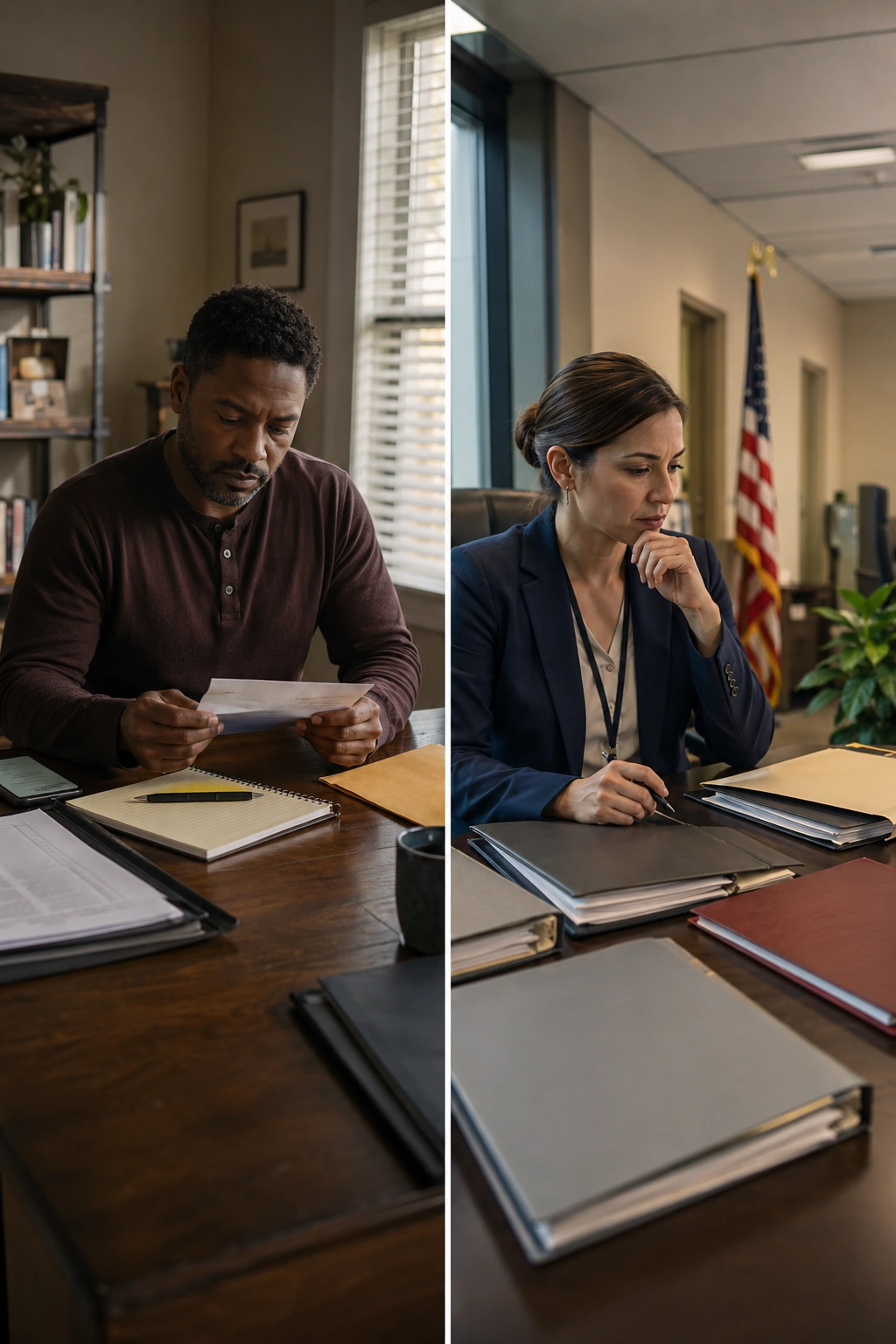 Split editorial composition of workers reviewing separate procedural files, including an institutional public-sector setting.