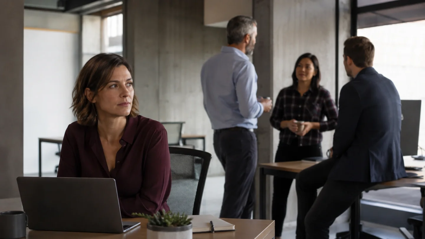 Professional worker at a desk while coworkers interact in the background.