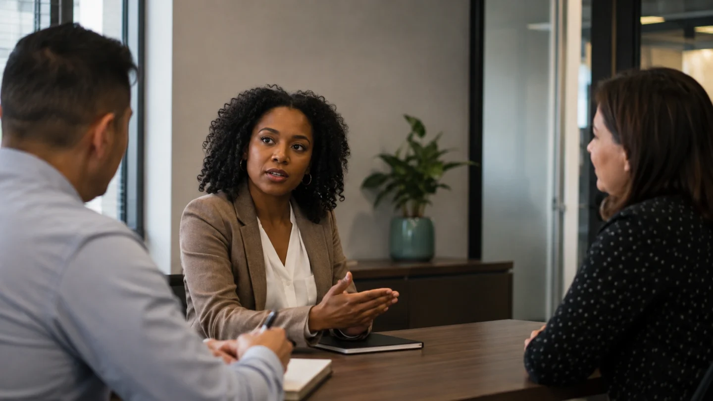 Worker calmly raising a workplace concern in a professional meeting.