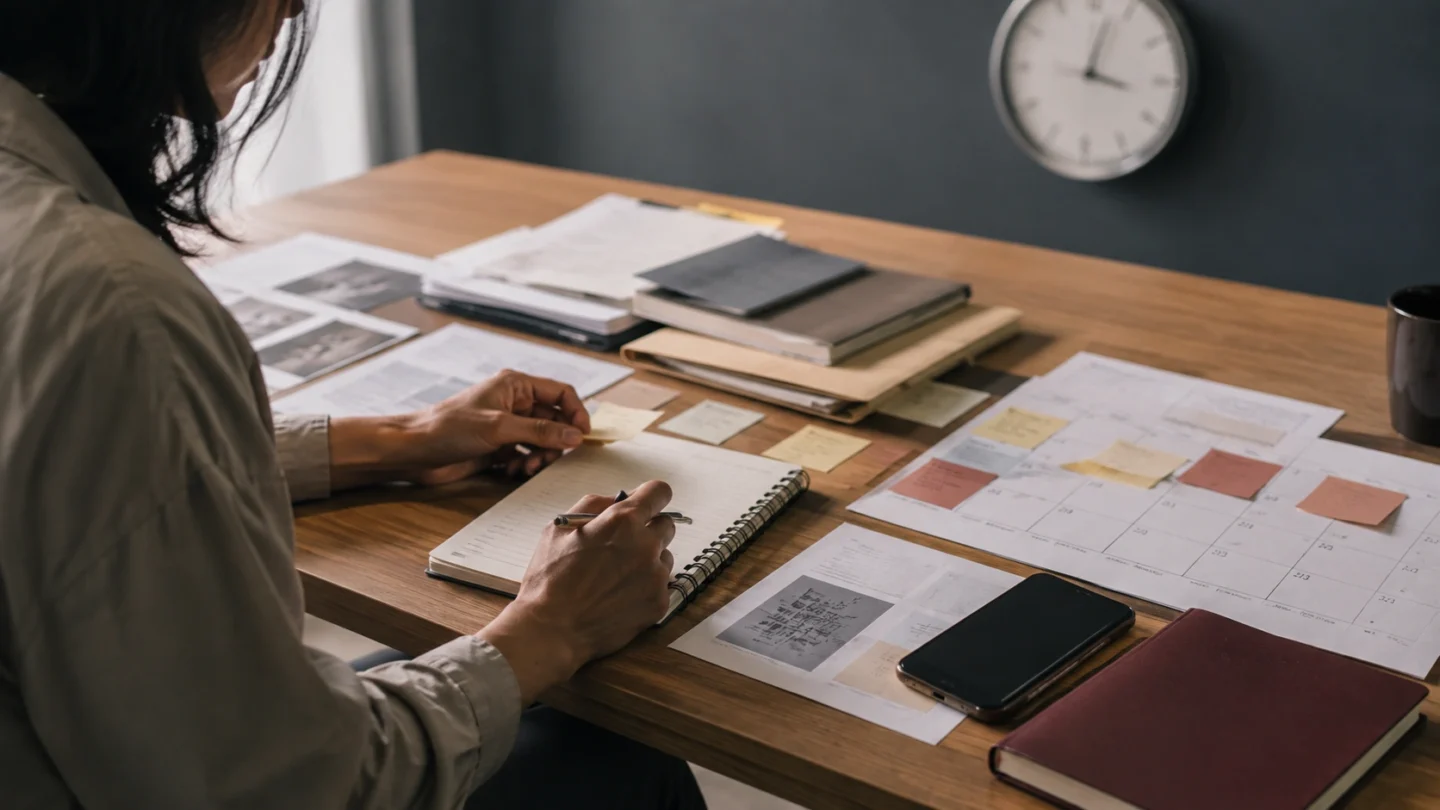 Worker organizing a chronology with a calendar, notes, records, phone, and clock.