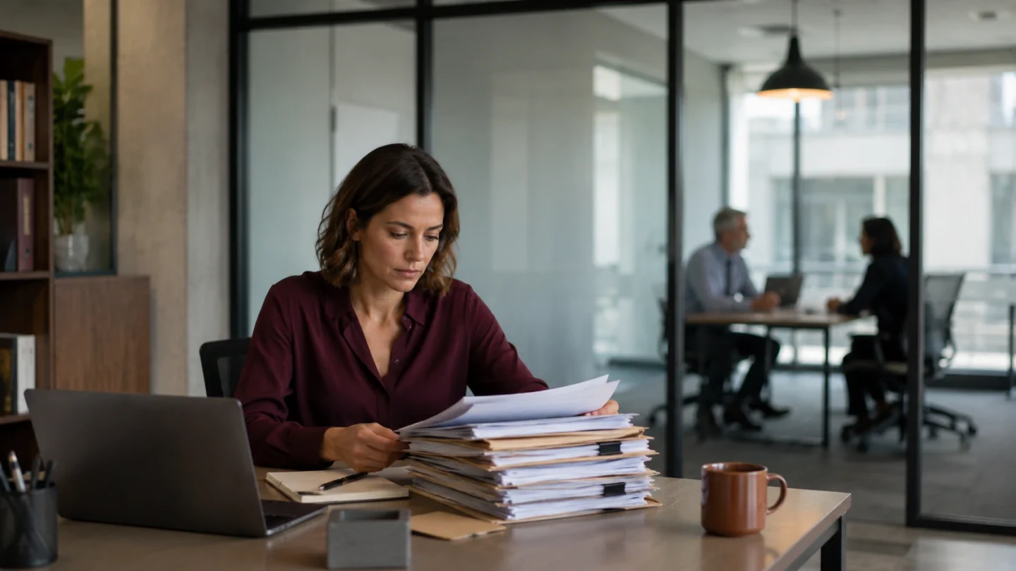 Employee reviewing a large stack of workplace records at a desk.