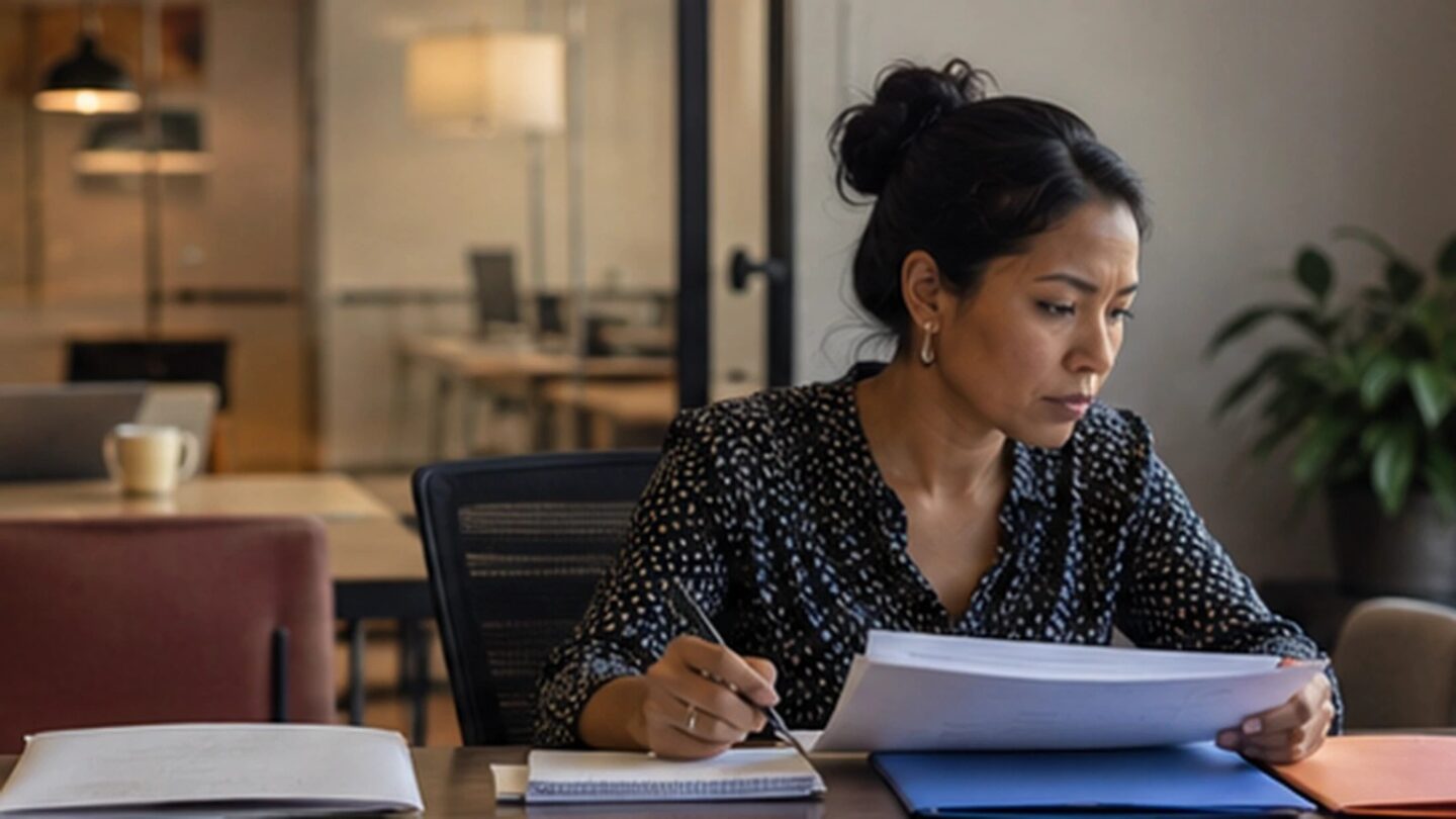 Worker comparing multiple workplace records and explanations.
