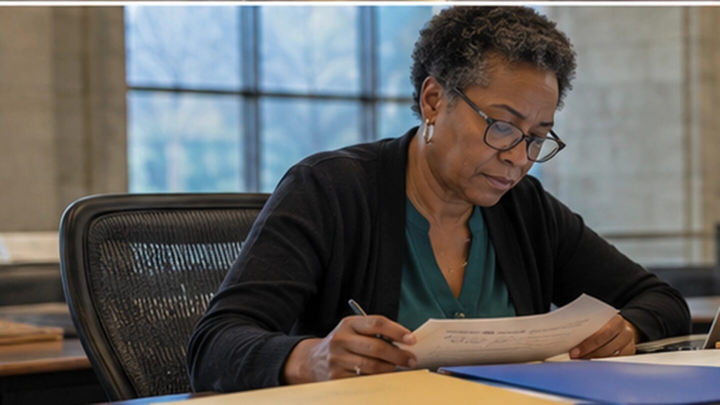 Federal-style professional reviewing procedural records in an institutional workplace.