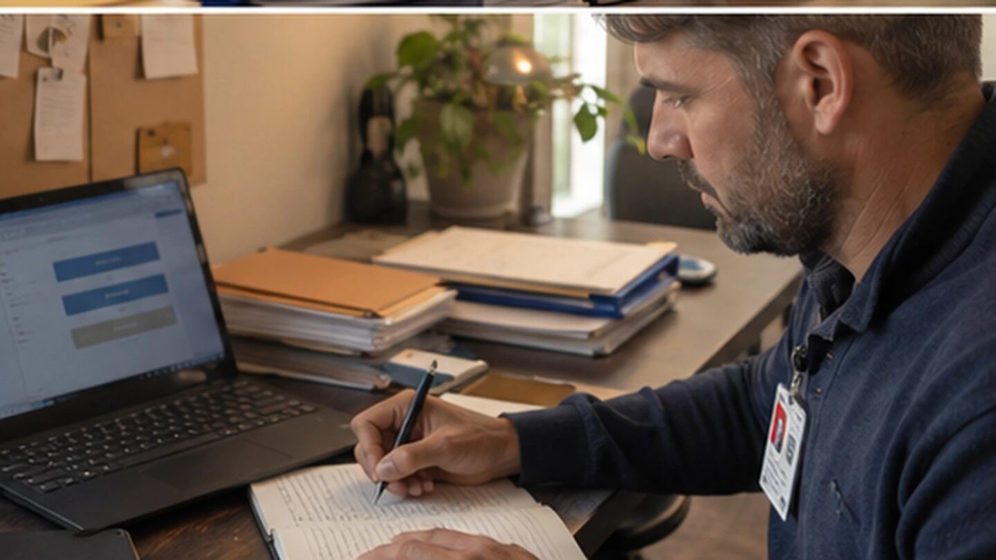 Worker managing workplace records and an administrative process at the same time.