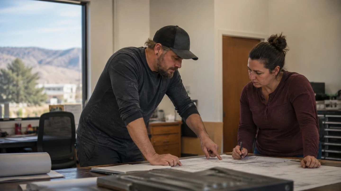 Nevada workers reviewing plans in a workplace with high-desert mountains in the background.