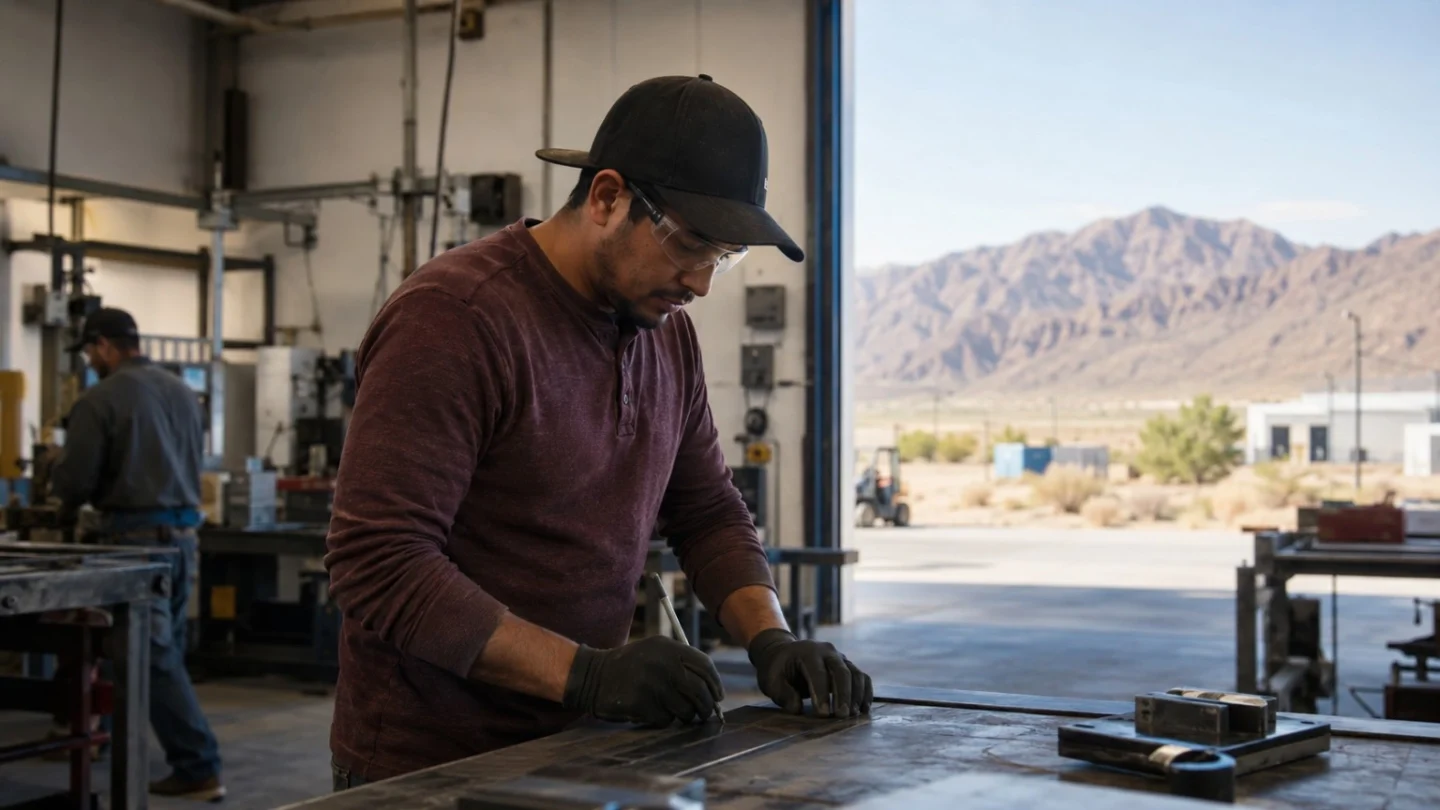 Skilled worker in a regional industrial workplace with mountain landscape beyond.